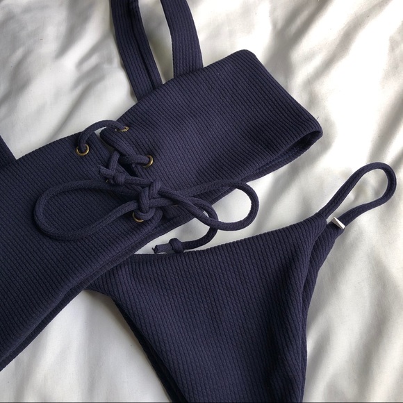 Navy Ribbed Lace Up String Bikini Set - Picture 5 of 5